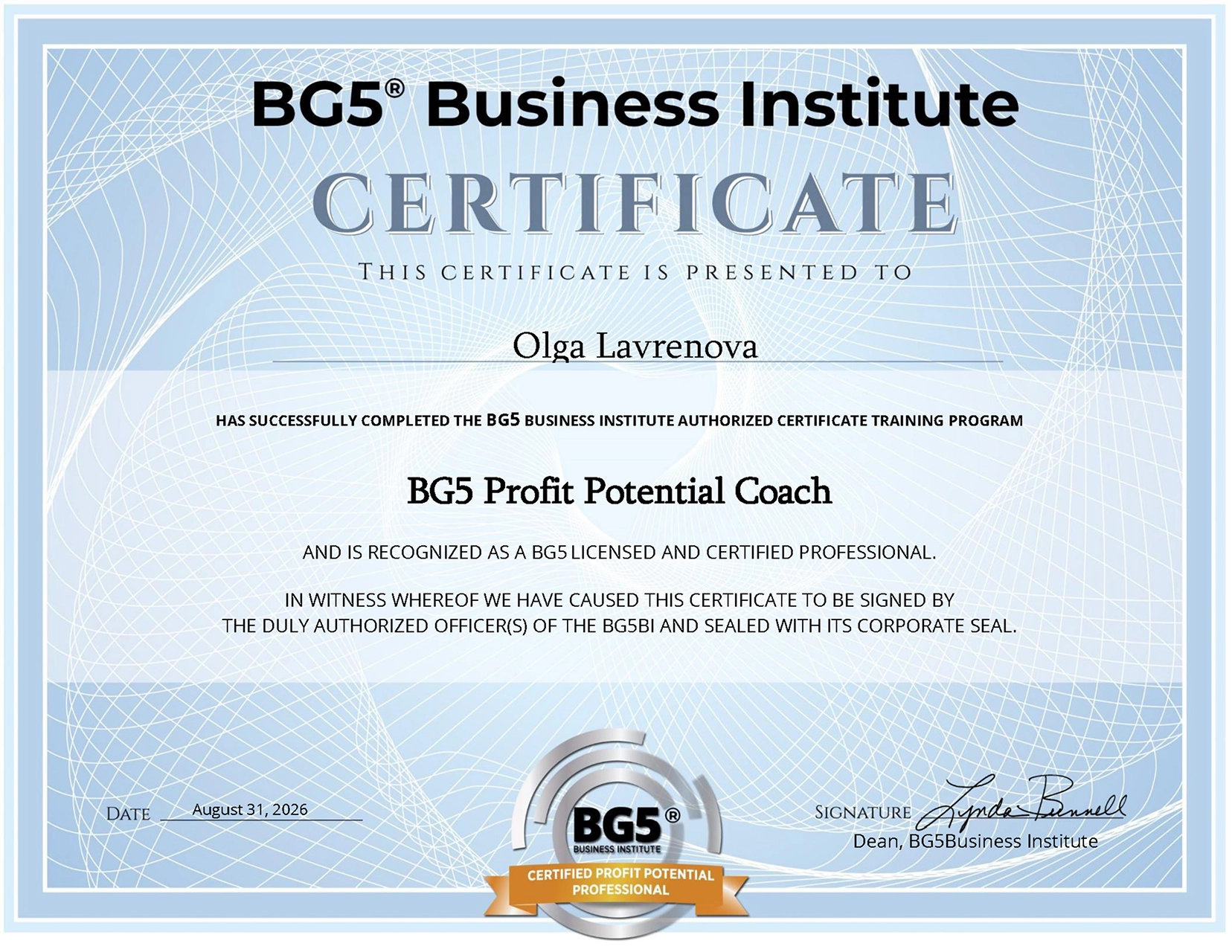 BG5 Profit Potential Coach certificate for Olga Lavrenova